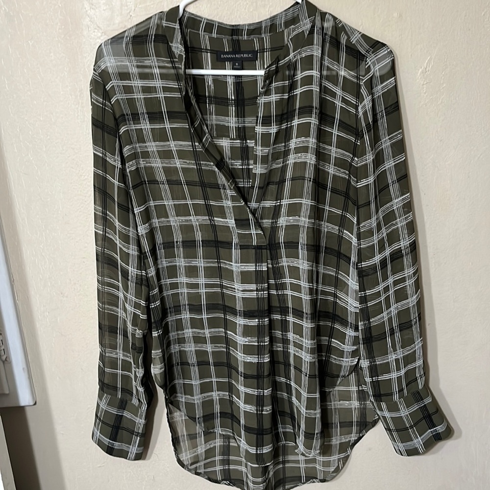 Sheer Plaid Long Sleeve Blouse by Banana Republic